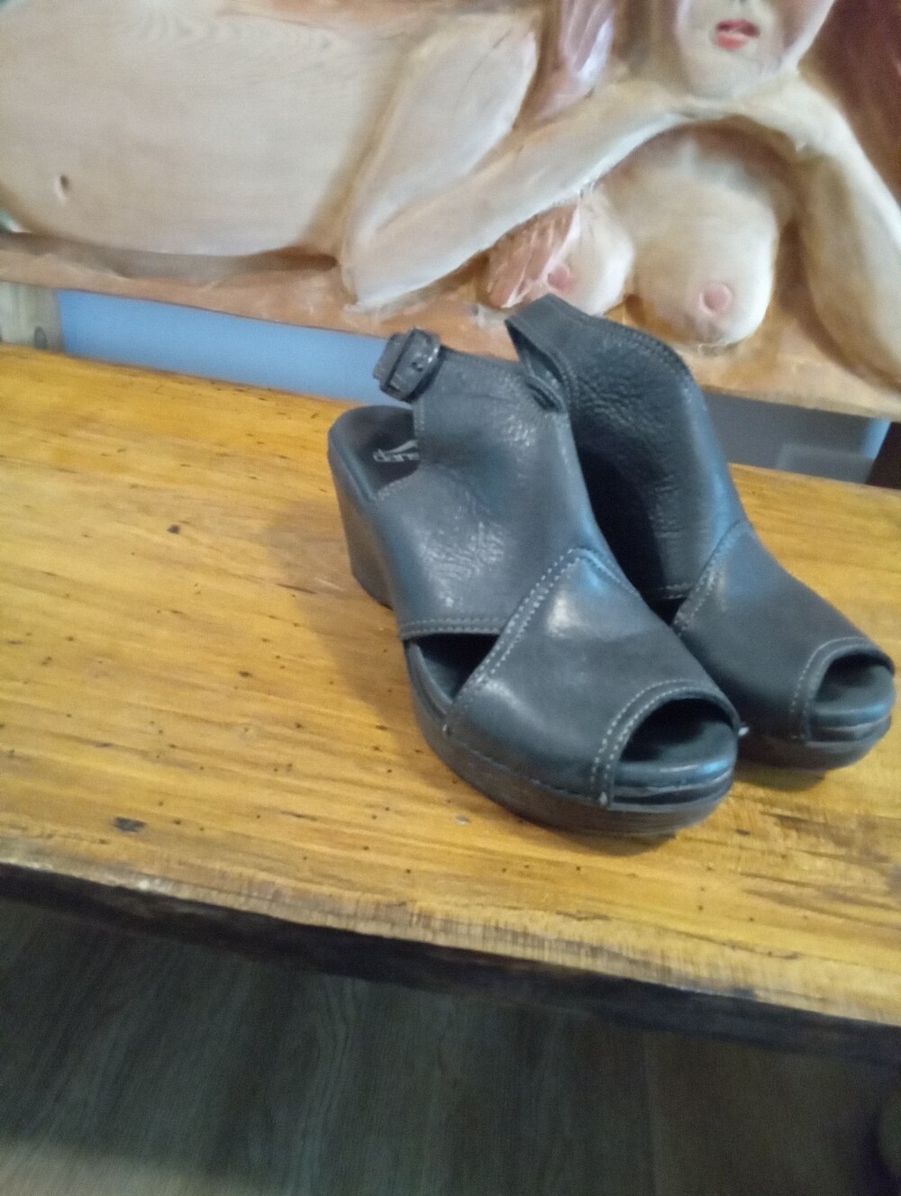 Dansko Vanda Size 37 (7-7.5) Black Leather Peep-Toe Wedge Slingbacks 3" Heel - Picture 2 of 13